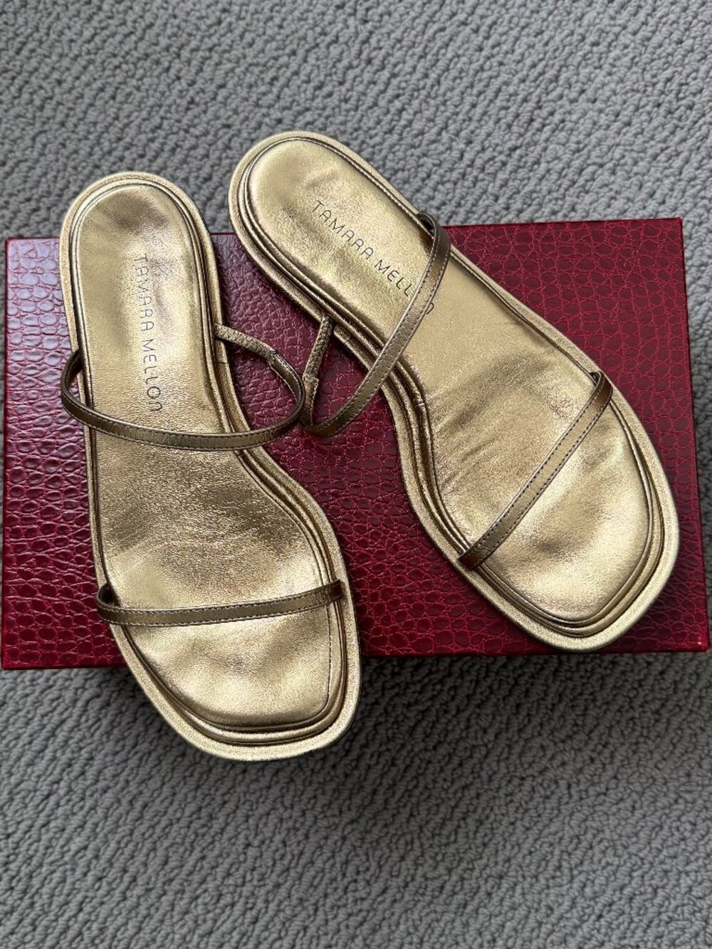 TAMARA MELLON - Console 10 Nappa Leather Slide Sandals, Golden Sun, size 37 or 7
